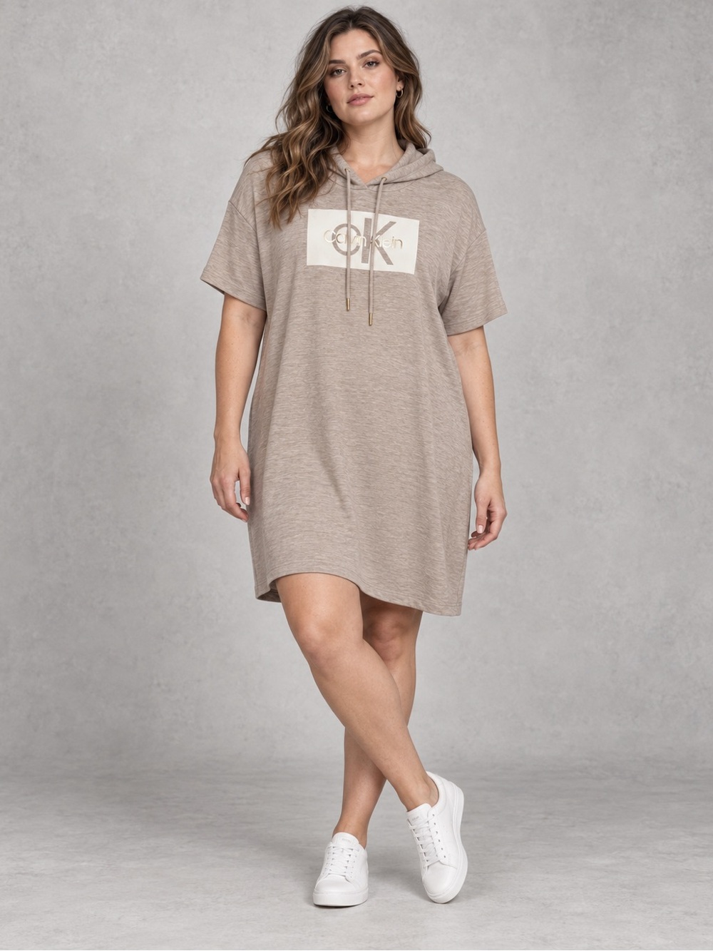 Calvin Klein Heathered Oatmeal Hooded T Shirt Dress Logo Athleisure Size 3X NWT